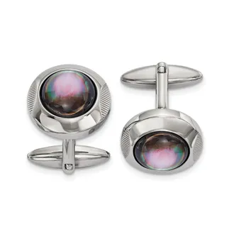 Diamond2Deal Stainless Steel Polished Black Mother of Pearl Circle Cufflinks