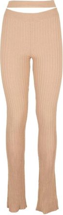 ADĀMO Andrea Adamo Geribbelde Gebreide Flare Cut Out Broek - Dames - Slim Fit Broeken - Beige - M - Polyester - Broeken