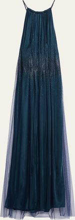 Giorgio Armani Rhinestoned Pleated Tulle Jersey Halter Gown