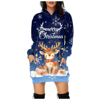 Generic Womens Christmas Dress Casual Long Sleeve Round Neck Party Dress for Women with Hoodie Reindeer Santa Snowman Snowflake Flared Xmas Costume Swing Skat
