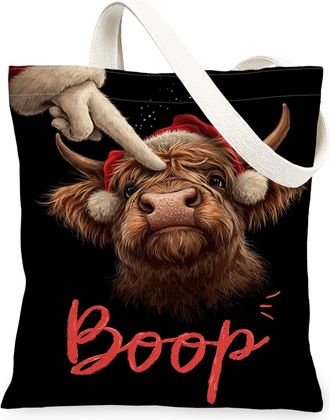 Generic Christmas Cow Canvas Tote Bags, Cute Animal Design Reusable Bags, Winter Fun Rustic Lightweight Washable Shoulder Strap Can, Black, 13x15 Inch
