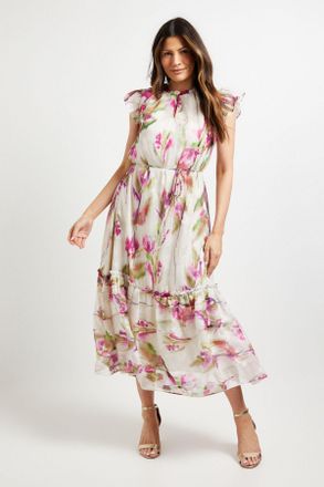 Wallis Womens Floral Burn Out Ruffle Midi Dress - White - Size 14 UK