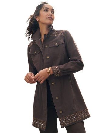 Jessica London Long Denim Jacket in Chocolate Geo Studs at Nordstrom, Size 30