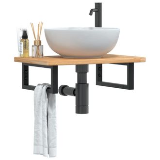 Berkfield Home Basin Shelf Wall Mounted Steel & Solid Wood Oak in Brown