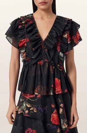 AllSaints Alma Floral Print Ruffle Top in Haze Black at Nordstrom Rack, Size 6 Us / 10 Uk