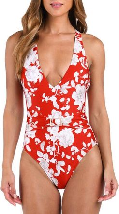 L'agence Lisa Ikebana Belted Floral One-Piece Swimsuit in Rouge at Nordstrom, Size Medium