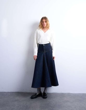 Topshop Gonna di jeans lunga color indaco con carré sul davanti-Blu