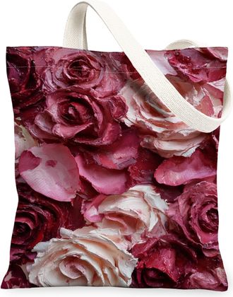 Generic Floral Canvas Tote Bags, Rose Pattern Reusable Grocery Bags, Spring Vintage Chic Washable Shoulder Strap Canvas for Outdoor, Peach, 13x15 Inch