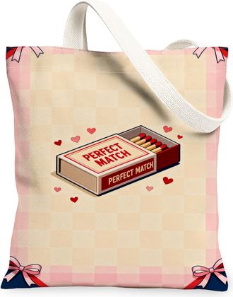 Generic ValentineS Day Heart Pattern Canvas Tote Bags, Romantic Matchboxes Design Reusable Grocery Bags, Lightweight Washable Shou, Peach, 13x15 Inch