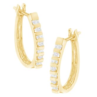 House of Brilliance 10K Yellow Gold Round and Baguette Cut Diamond Oblong Hinged Leverback Hoop Earrings