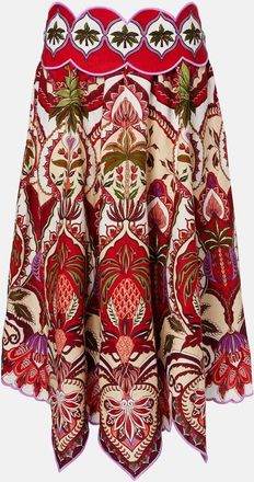 Farm Rio Odara Red scalloped linen-blend midi skirt