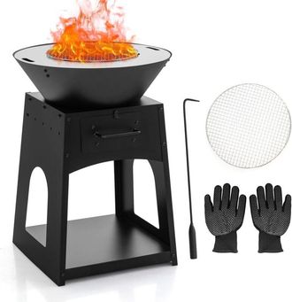 Costway Costway 2 En 1 Brasero Exterior Jardin, Parrilla Y Caja De Cenizas, Brasero Barbacoa, Atizador De Fuego Y Guantes, Compartimento De Almacenamiento Inf