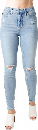 Judy Blue Mid Rise Tummy Control Destroy Skinny Jeans In Light Wash