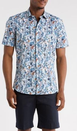 Soul of London Botanical Print Stretch Cotton Short Sleeve Sport Shirt in Blue at Nordstrom Rack, Size Medium