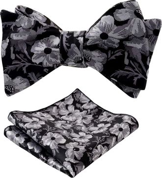 Alizeal Mens Paisley Floral Jacquard Untied Bowtie and Pocket Square Set, Black+White
