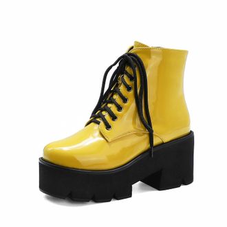 Generic Womens Punk Gothic Ankle Boots with Lace-Up & Buckles - Chunky Platform Heel Biker Booties,Yellow,1.5 UK