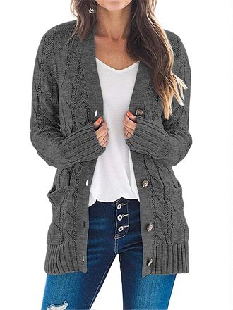 Merokeety Womens Long Sleeve Cable Knit Sweater Open Front Cardigan Button Loose Outerwear, Charcoal, Small