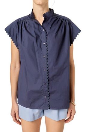 English Factory Rickrack Trim Button-Up Cotton Shirt in Navy at Nordstrom, Size X-Small