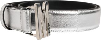 Moschino Womens Silver Leather Logo Metal Buckle Waist Belt Genuine