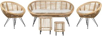 Beliani Boho 4 Seater Sofa Set with Coffee Tables Rattan Light Beige Cushion Cotton Fabric Medium Resistance Indoor Natural Maratea/Cesenatico