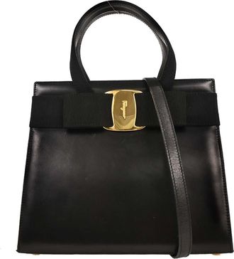 Ferragamo Convertible Vara Bow Tote Leather Black Leather Handbag (Pre-Owned)