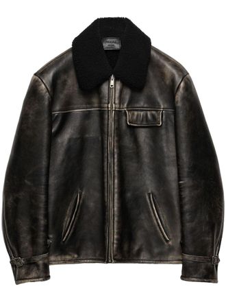 Prada Giacca in pelle con collo in shearling - Nero