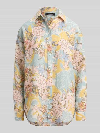 Lauren Ralph Lauren Relaxed Fit Leinenbluse aus reinem Leinen mit floralem Allover-Muster in Hellblau Melange, Gr&ouml;&szlig;e XL