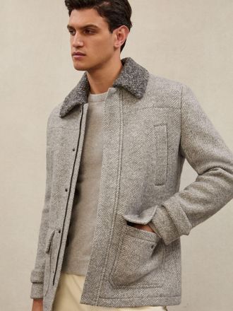 Reiss Atelier Grey Wool-cotton Herringbone Jacket, 2XL