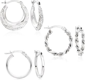 Ross-Simons Sterling Silver Jewelry Set: 3 Pairs Of Textured and Polished Hoop Earrings