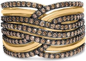 House of Brilliance 10K Yellow Gold Plated Silver 1.0 Cttw Champagne Diamond Multi Row Cross Over Band Ring in Yellow Gold Over Silver at Nordstrom