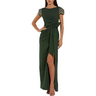 Mac Duggal Womens Beaded Cap Sleeve Crepe Gown With Bow and Slit in Forest Green at Nordstrom, Size 16
