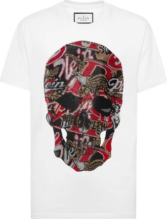 Philipp Plein Tops, Heren, Wit, M, Katoen, Round Neck T-Shirt Skull Stones