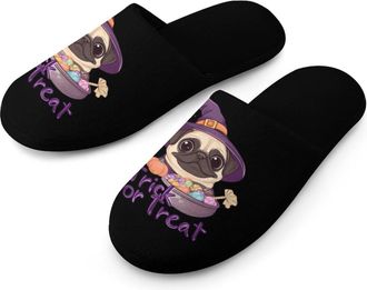 Generic Cute Pug Dog Halloween Warm Mens Slippers Slip On Soft Fleece House Shoes Winter Indoor Outdoor