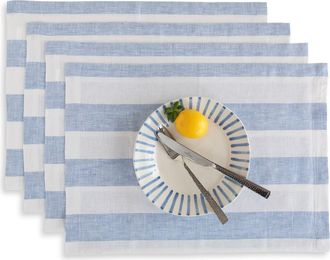 Solino Home Linen Placemats Set of 4, 14 x 19 Inch for Dining Table, Holiday and Everyday Table Decor - Cabana Stripe in Sky Blue And White at