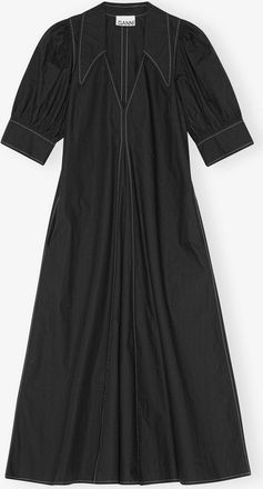 Ganni Black Cotton Poplin V-Neck Midi Dress - Size 10/12