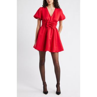 Chelsea28 Bow Detail Puff Sleeve Minidress in Red Barbados at Nordstrom, Size Xx-Small