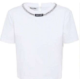 Miu Miu White Crystal Embellished T-Shirt Size L