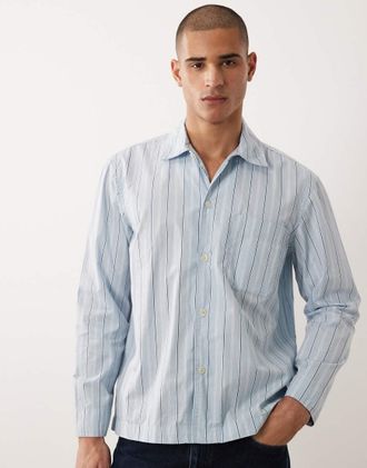 Selected Camicia a maniche lunghe in popeline blu a righe