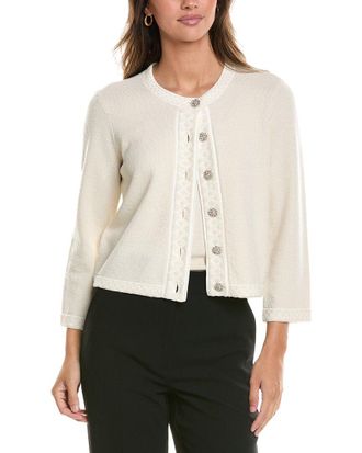 St. John 3/4-Sleeve Crew Wool-Blend Cardigan