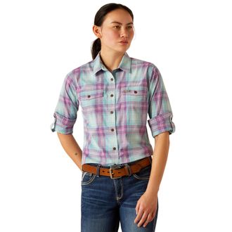 Ariat Womens Rebar Made Tough DuraStretch Work Shirt Long Sleeve in Aquatic Cotton, Size X-Small, by Ariat