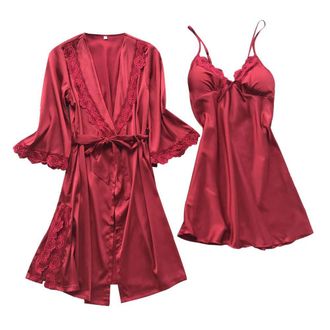 Generic Womens Pyjama Set 2 Piece Ladies Satin Silk Pyjamas Dressing Gown Floral Lace Trim Nightgown Slip Dress Kimono Robes Sexy Lightweight Nightdress V-Nec