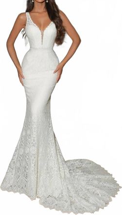 Jessica McClintock Mermaid Deep V-Neck Gown In Ivory