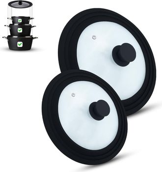 OEM Juego De 2 Tapas De Vidrio Con V&aacute;lvula De Vapor, Borde De Silicona Negra, Para Cacerolas/freidoras De 16-20 Cm Y 24-28 Cm