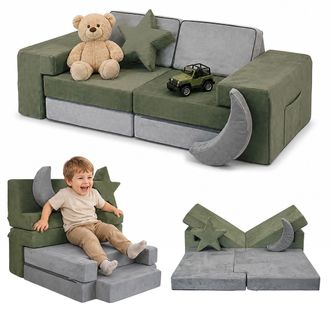Relaxdays Relaxdays Sof&aacute; Modular Infantil, 10 Piezas Suaves, Microfibra Efecto Ante, Gris-verde (al X An X Fon) 45 X 140 X 65 Cm
