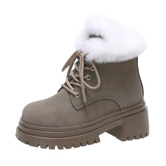 Generic Momolaa Size 4.5 Platform Boots for Women Chunky Heel Faux Fur Ankle Boots Lug Sole Lace up Fashion Combat Furry Winter Ankle Boot Outdoor Walking Sho