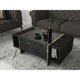 Dmora Mesa De Caf&eacute; Miram, Mesa De Centro Baja, Revistero Para Sof&aacute;, Estante De La Sala De Estar, 104x60h37 Cm, Negro Y Oro, Con Embalaje Reforzado - Dmora
