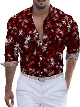 Generic Christmas Cotton Shirts for Men UK Lapel Neck Long Sleeve White Top Mens Christmas Tree Print Shirt Regular Fit Button Down Long Sleeve Shirts for Men