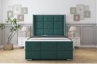 Sloomy Beaumont Plush Bed Frame With 50 Upholstered Wingback Headboard in Emerald | Size: Small Double
