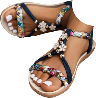 Generic Boho Sandals for women 2026 Dressy Summer Bohemian Flats Elastic Ankle Strap Walking Non Slip Beach Shoes Comfortable Wide Width Platform Wedge Heels 