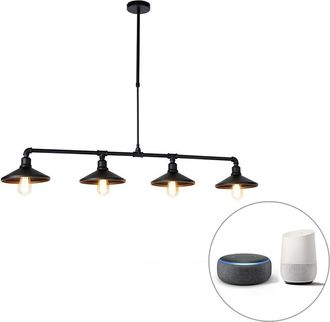 QAZQA R&uacute;stico L&aacute;mpara Colgante Inteligente Negra 4 Luces Con Wifi St64 - Laser Acero Redonda /alargada Adecuado Para Led Max. 4 X 7 Watt - Qazqa